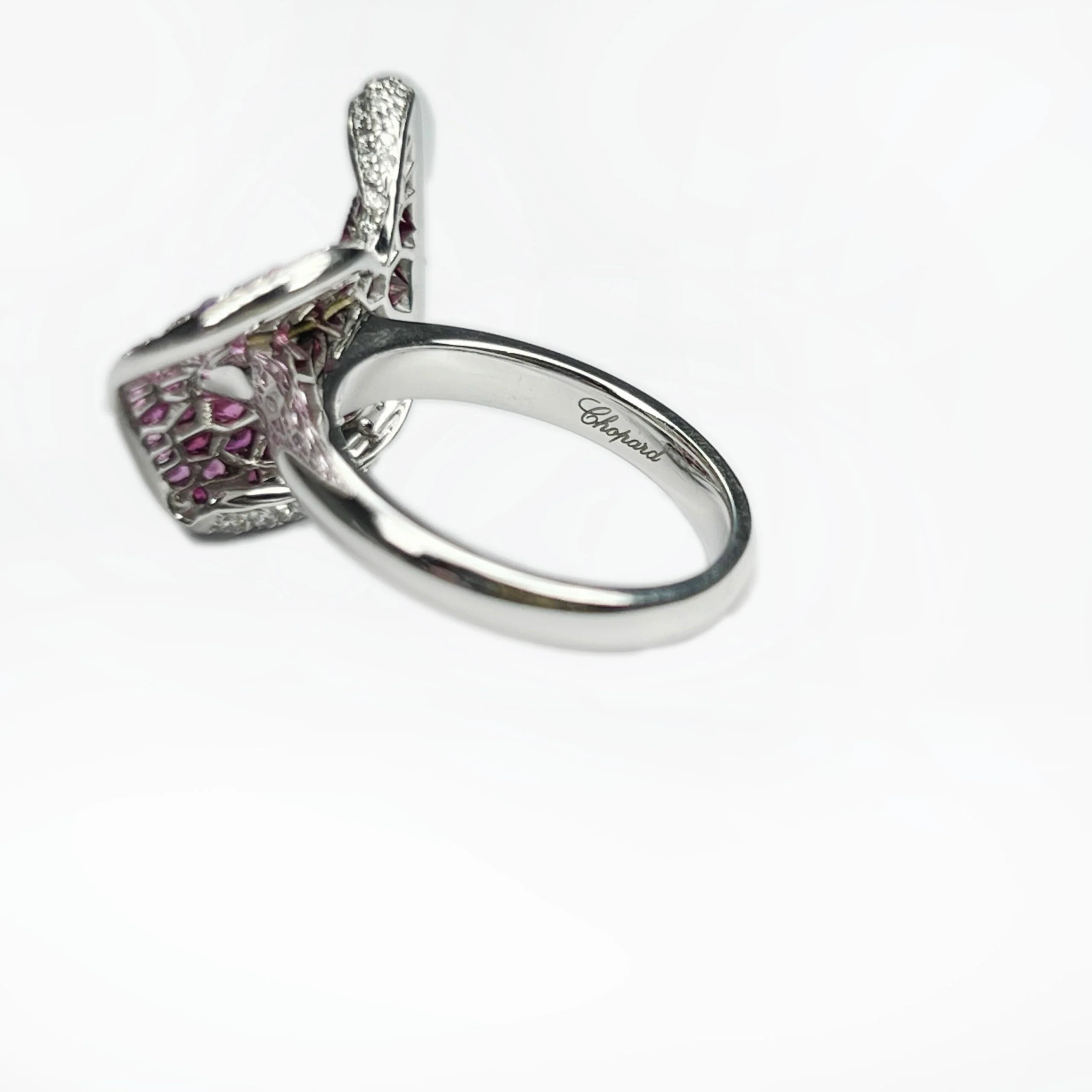 Chopard 18k White Gold Pink Sapphire Ruby Diamond Heart Ladies Ring - Image 3