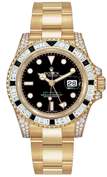 Rolex GMT Master II 18K Yellow Gold & Diamonds & Black Sapphires Men's Watch